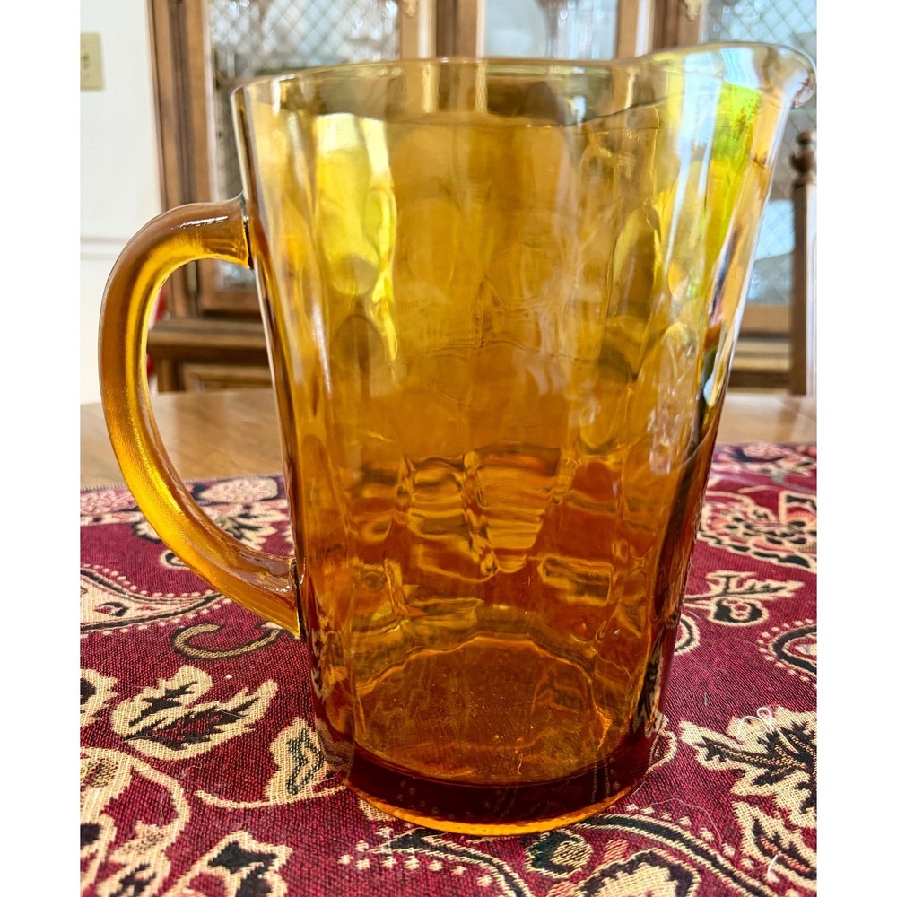 Vintage‎ Amber Glass Pitcher, Mid Century Modern Water Jug, Textured Pebble Base
